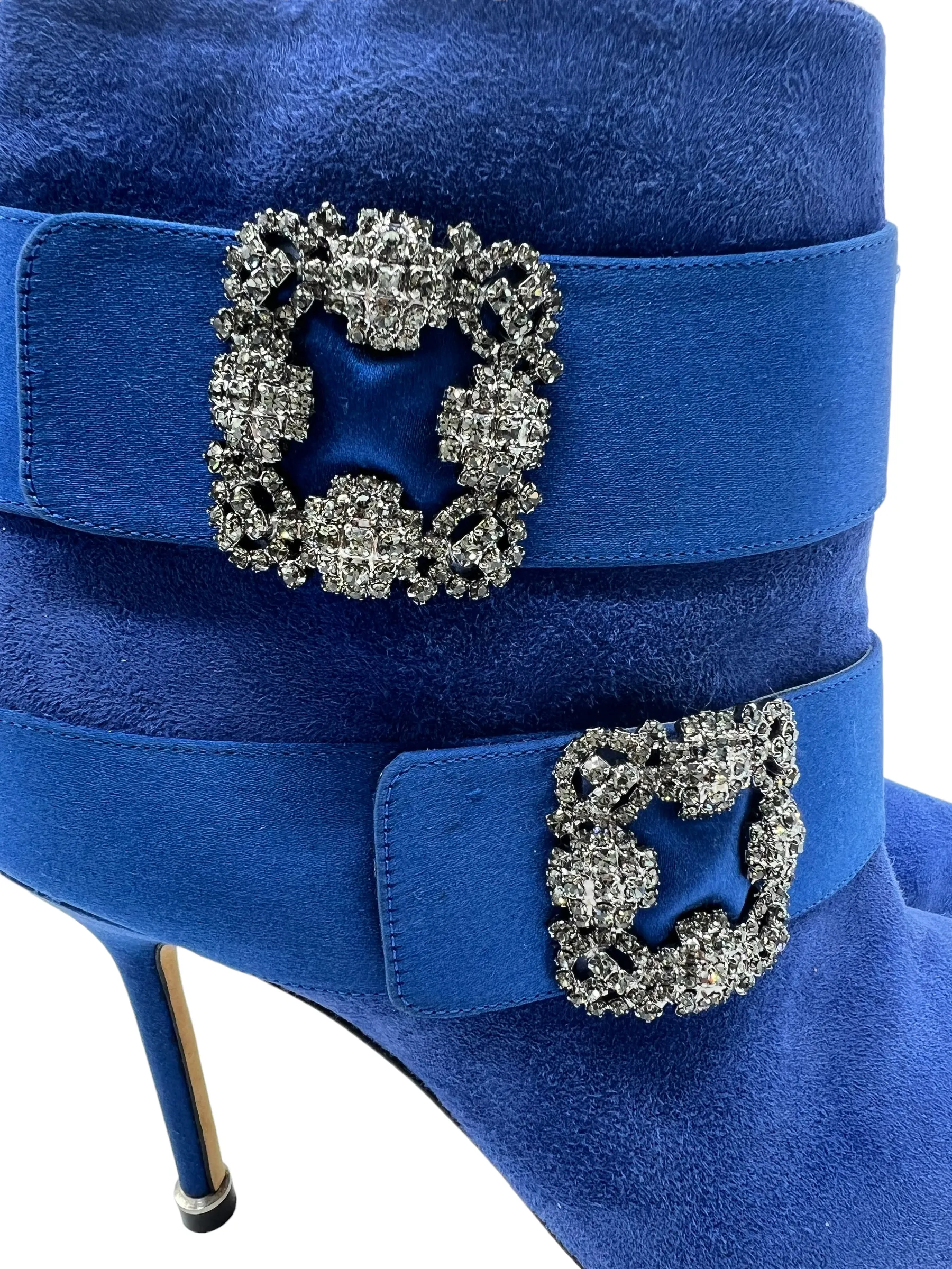 Manolo Blahnik Blue Suede Embellished Hangisi Size 38 Booties