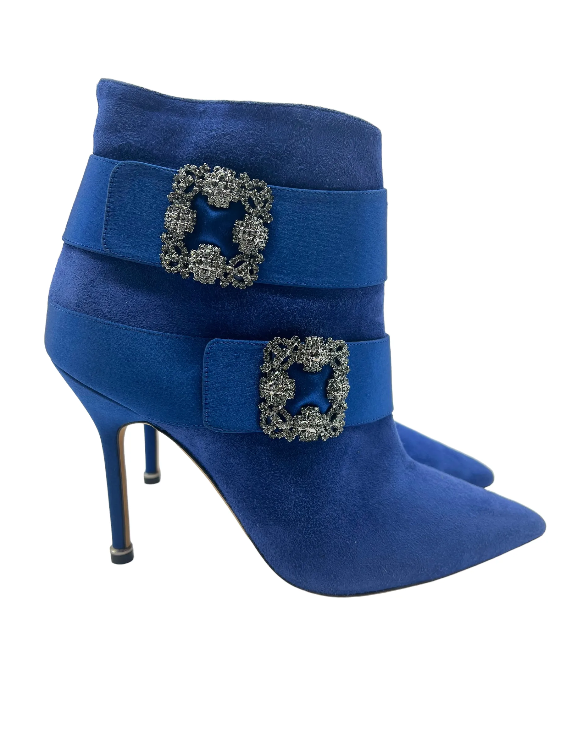 Manolo Blahnik Blue Suede Embellished Hangisi Size 38 Booties