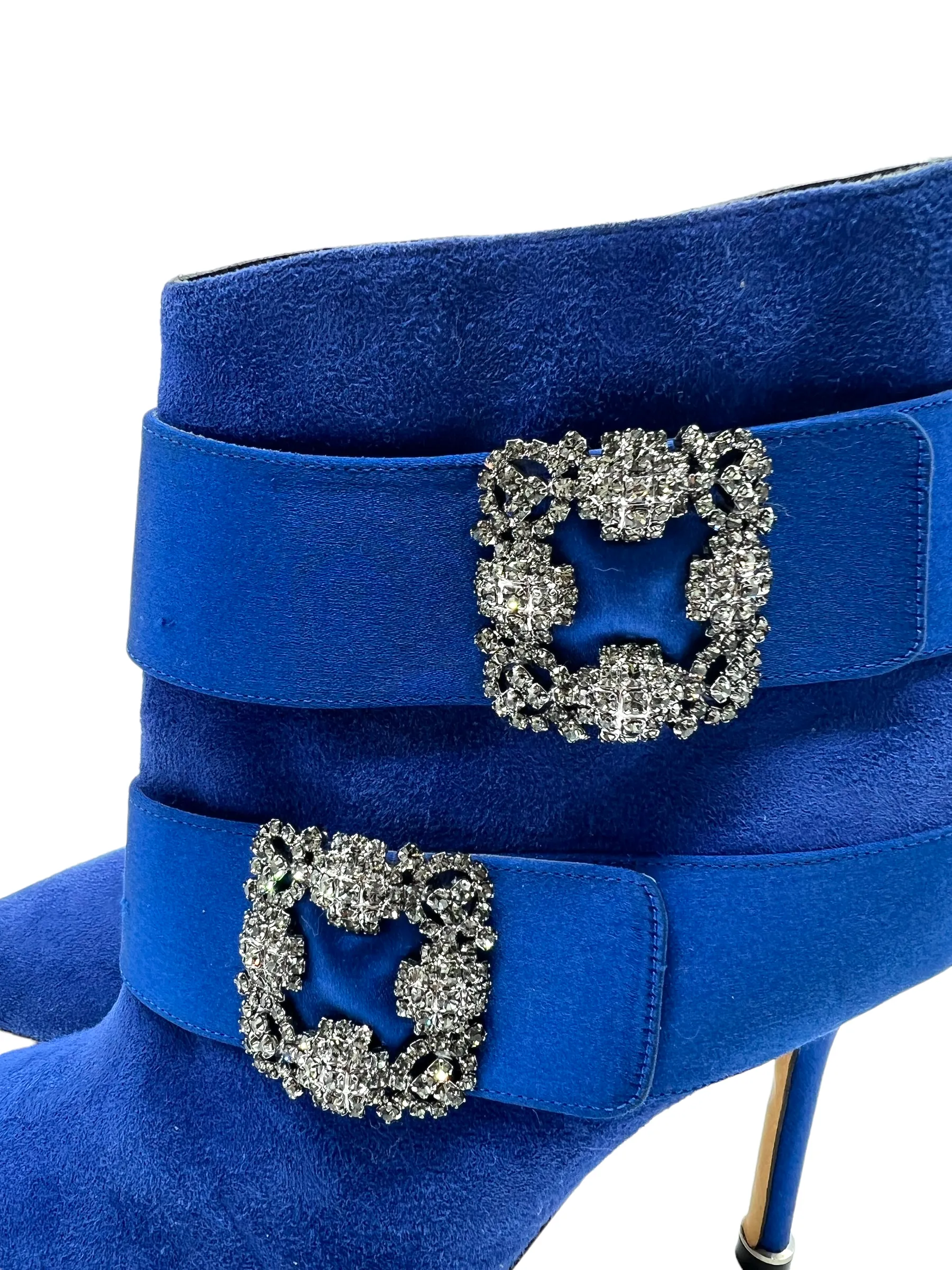 Manolo Blahnik Blue Suede Embellished Hangisi Size 38 Booties