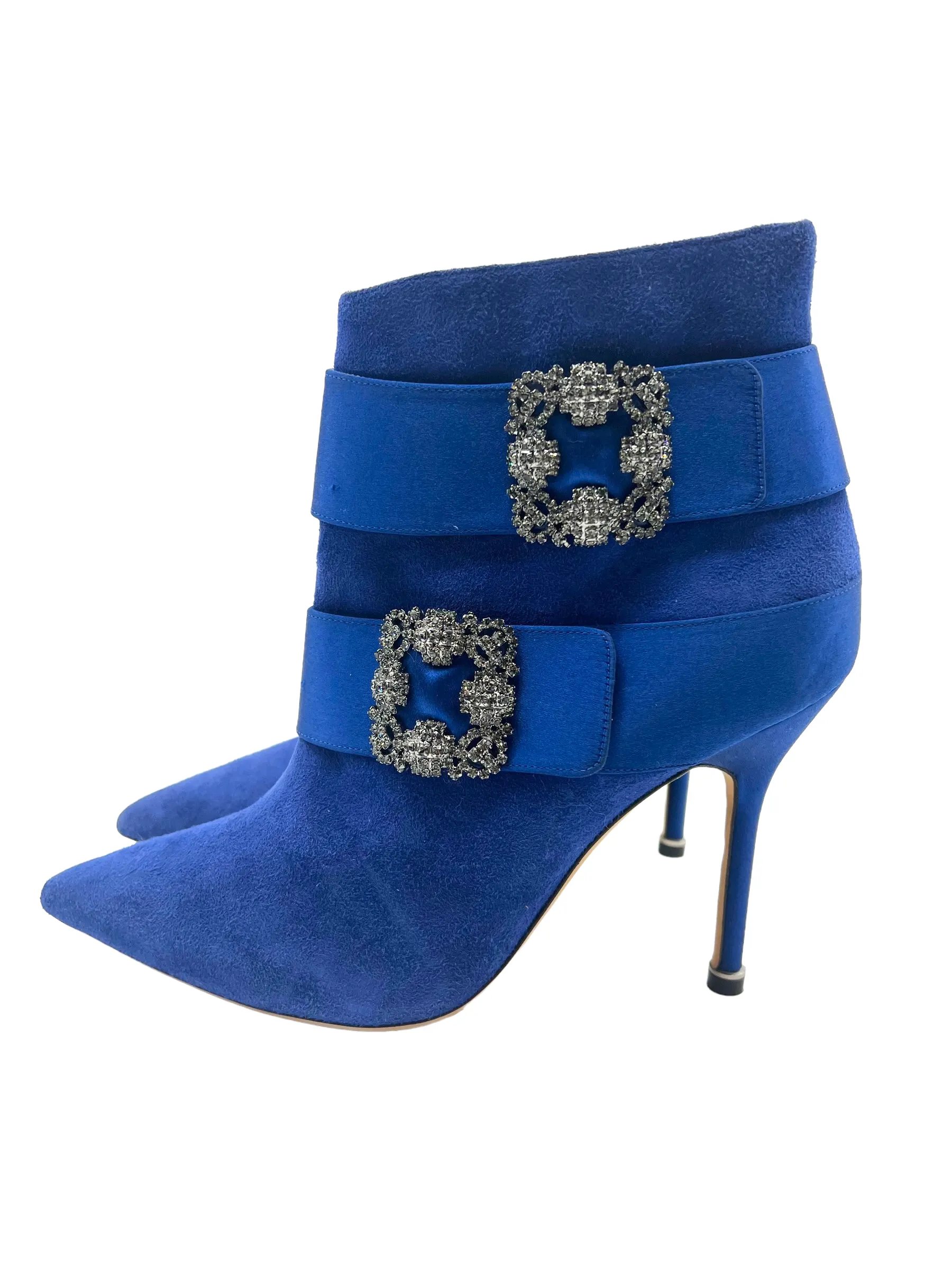 Manolo Blahnik Blue Suede Embellished Hangisi Size 38 Booties