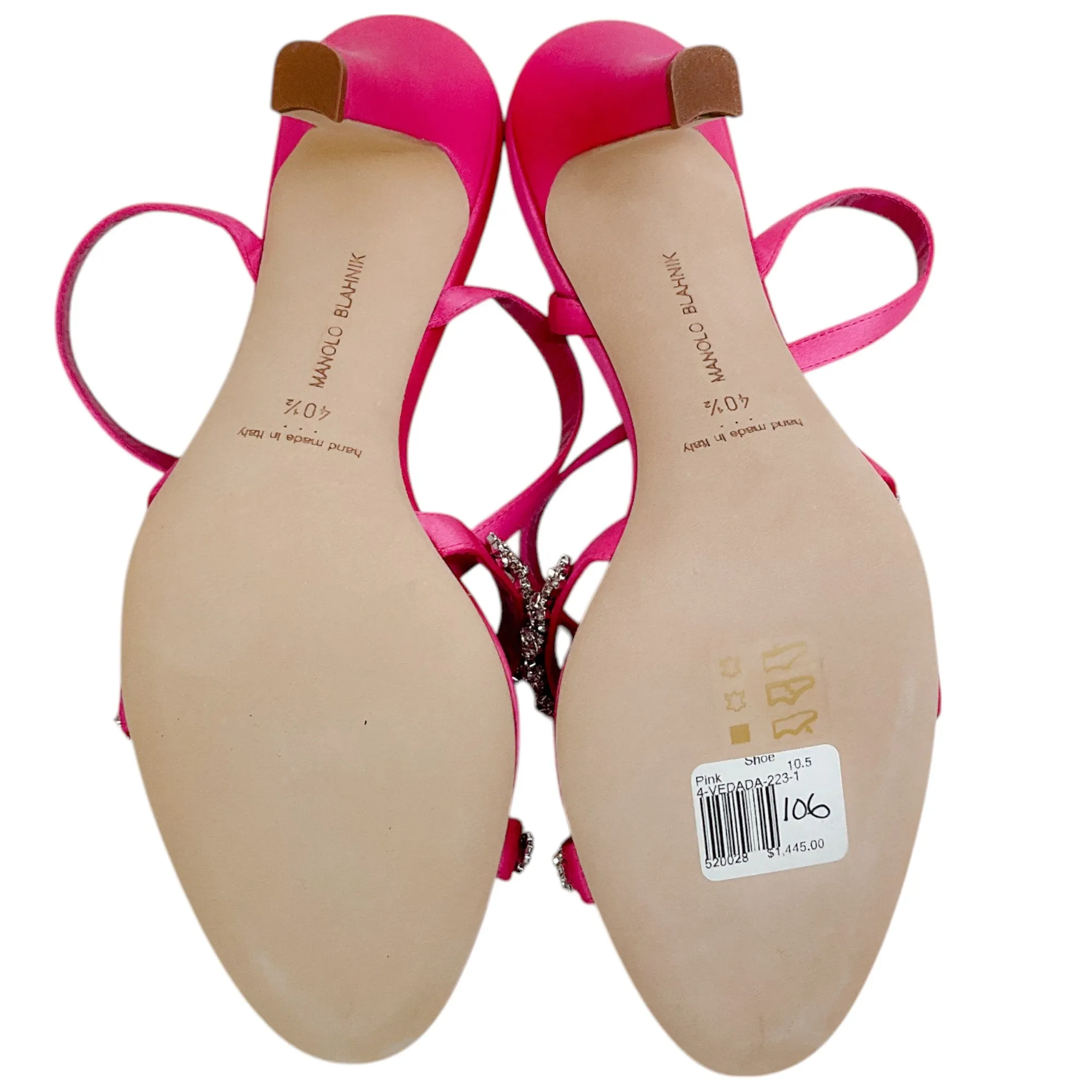Manolo Blahnik Bright Pink Satin Crystal Embellished Vedada Sandals