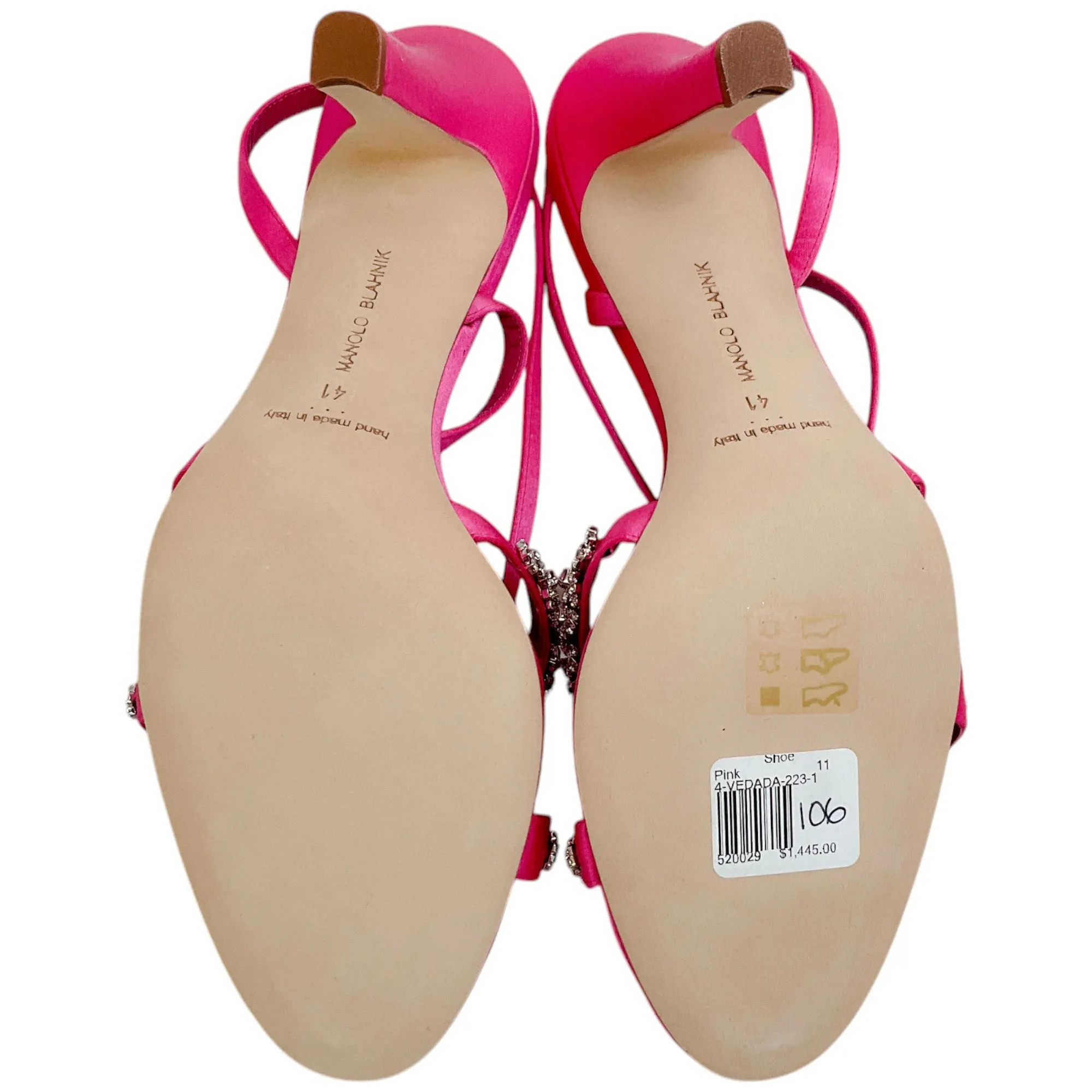 Manolo Blahnik Bright Pink Satin Crystal Embellished Vedada Sandals