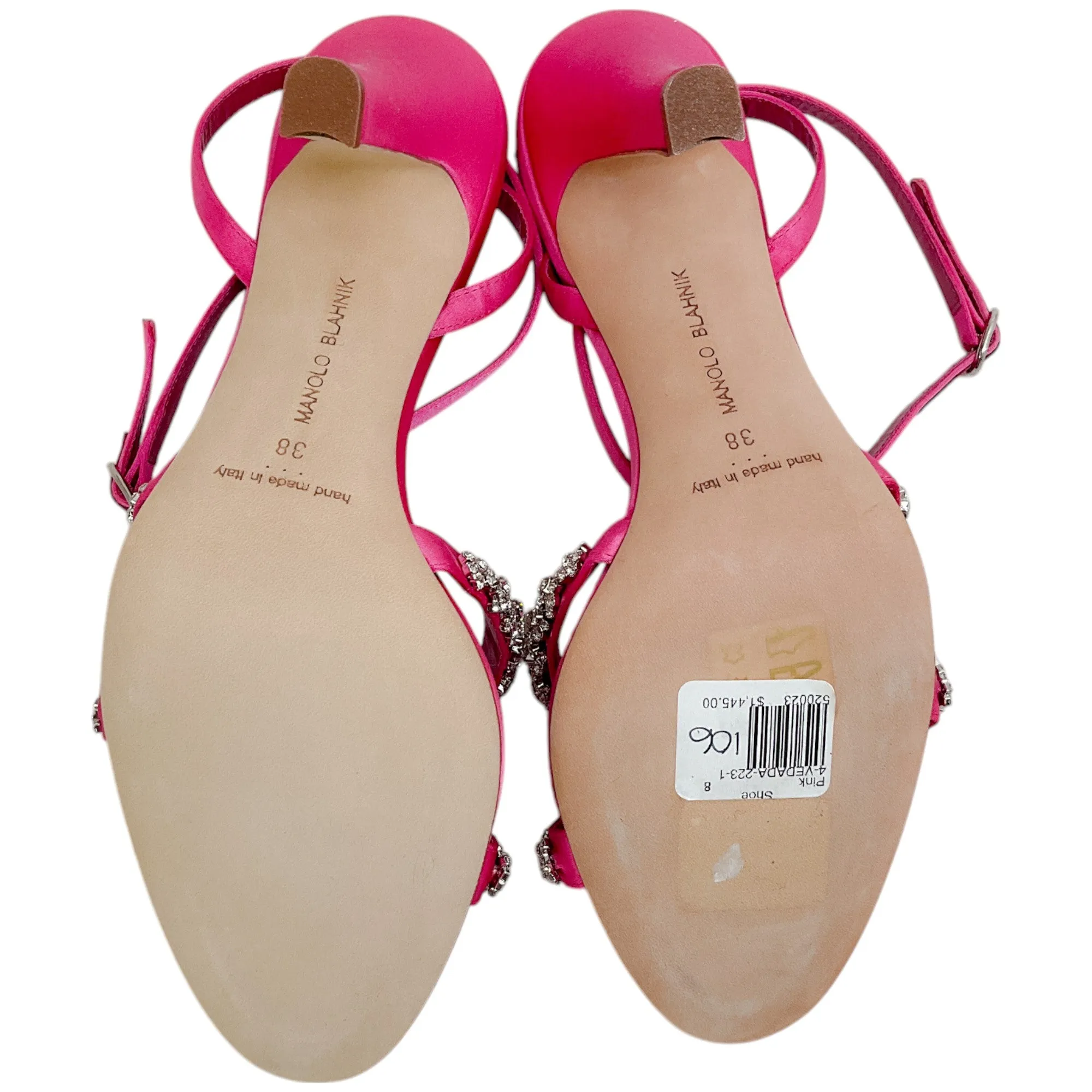 Manolo Blahnik Bright Pink Satin Crystal Embellished Vedada Sandals