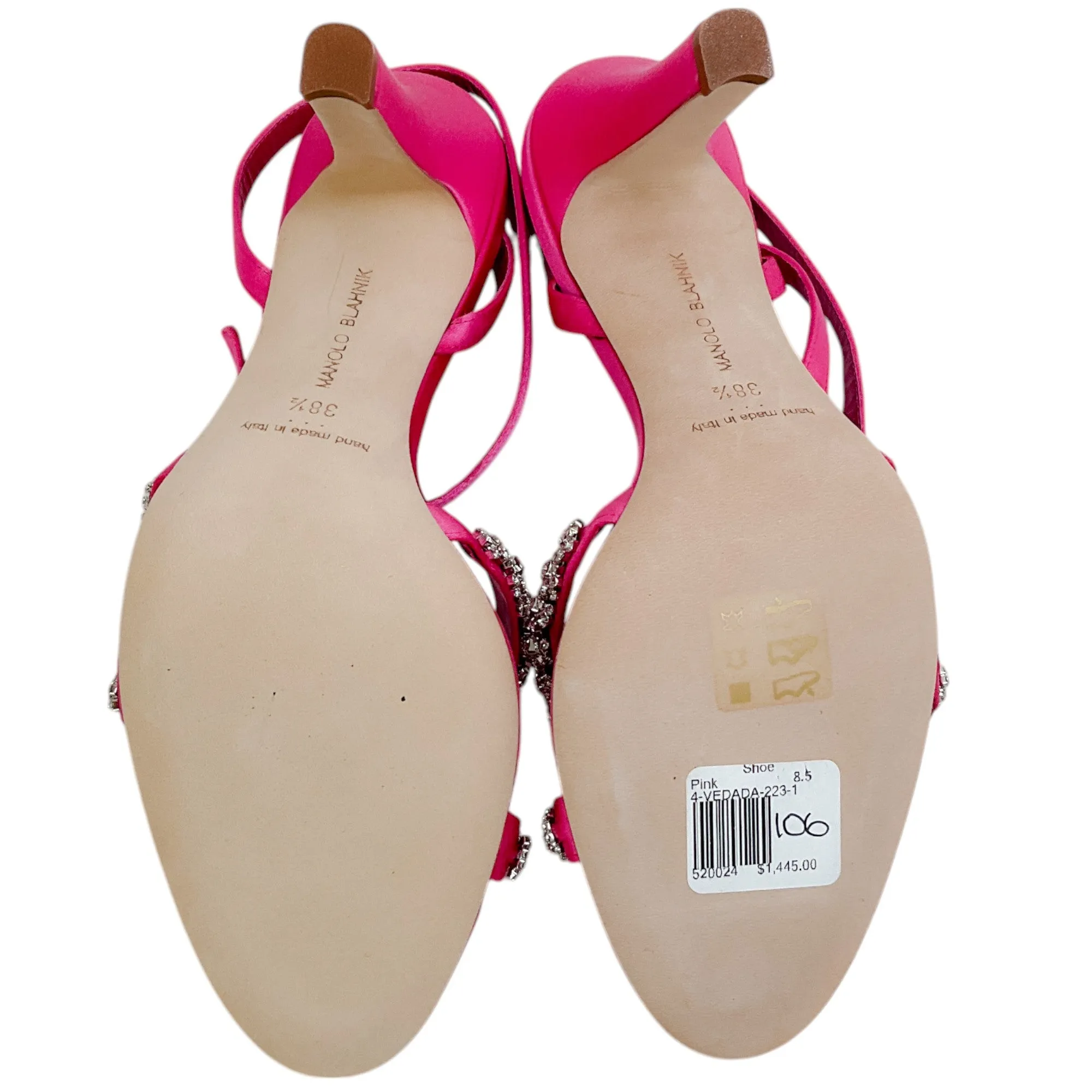 Manolo Blahnik Bright Pink Satin Crystal Embellished Vedada Sandals