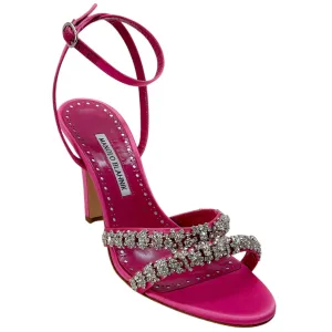 Manolo Blahnik Bright Pink Satin Crystal Embellished Vedada Sandals