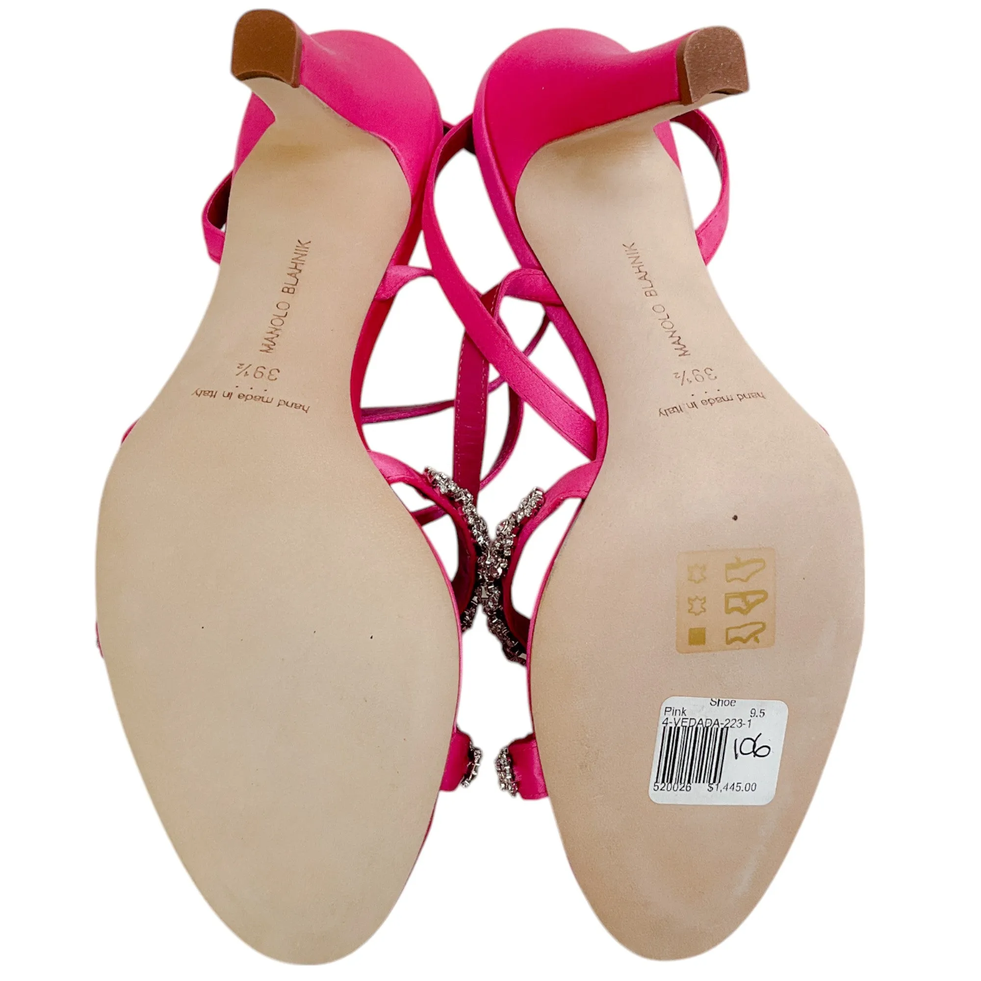 Manolo Blahnik Bright Pink Satin Crystal Embellished Vedada Sandals