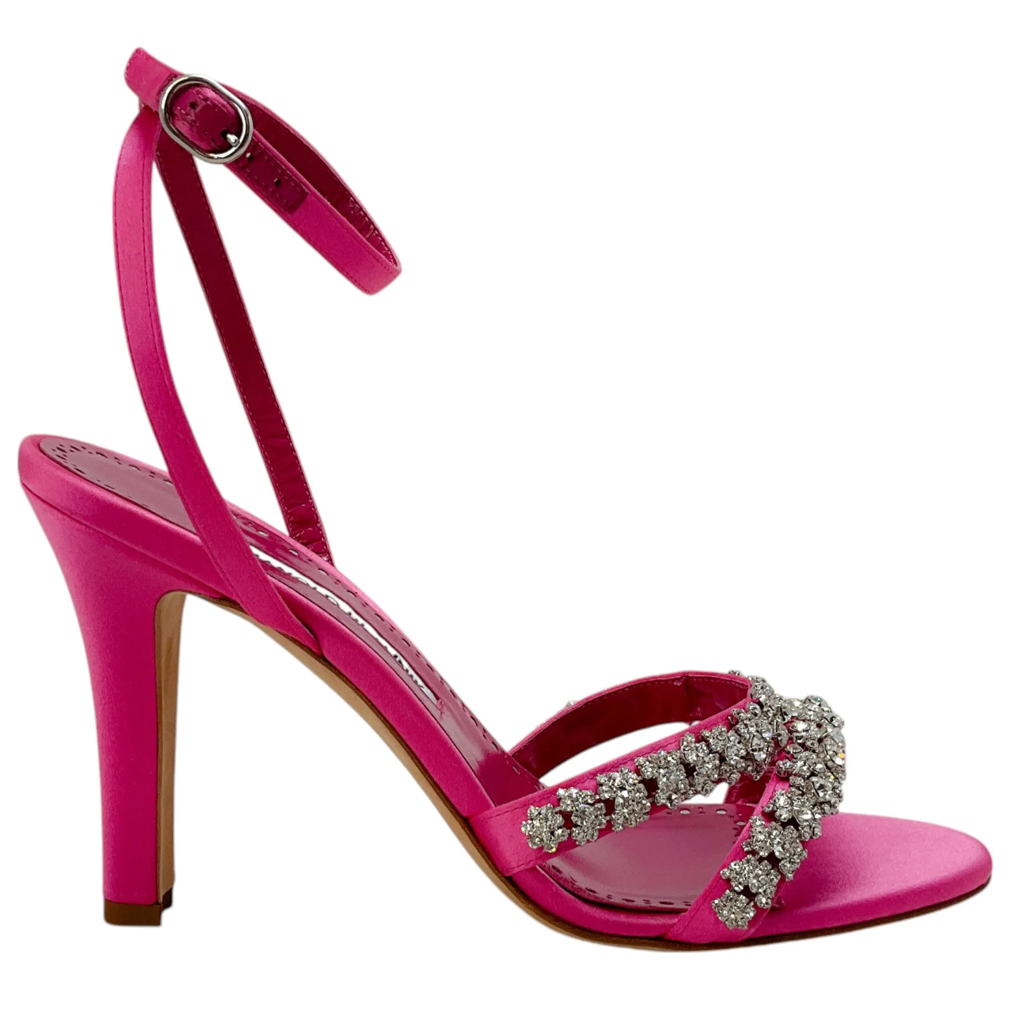 Manolo Blahnik Bright Pink Satin Crystal Embellished Vedada Sandals