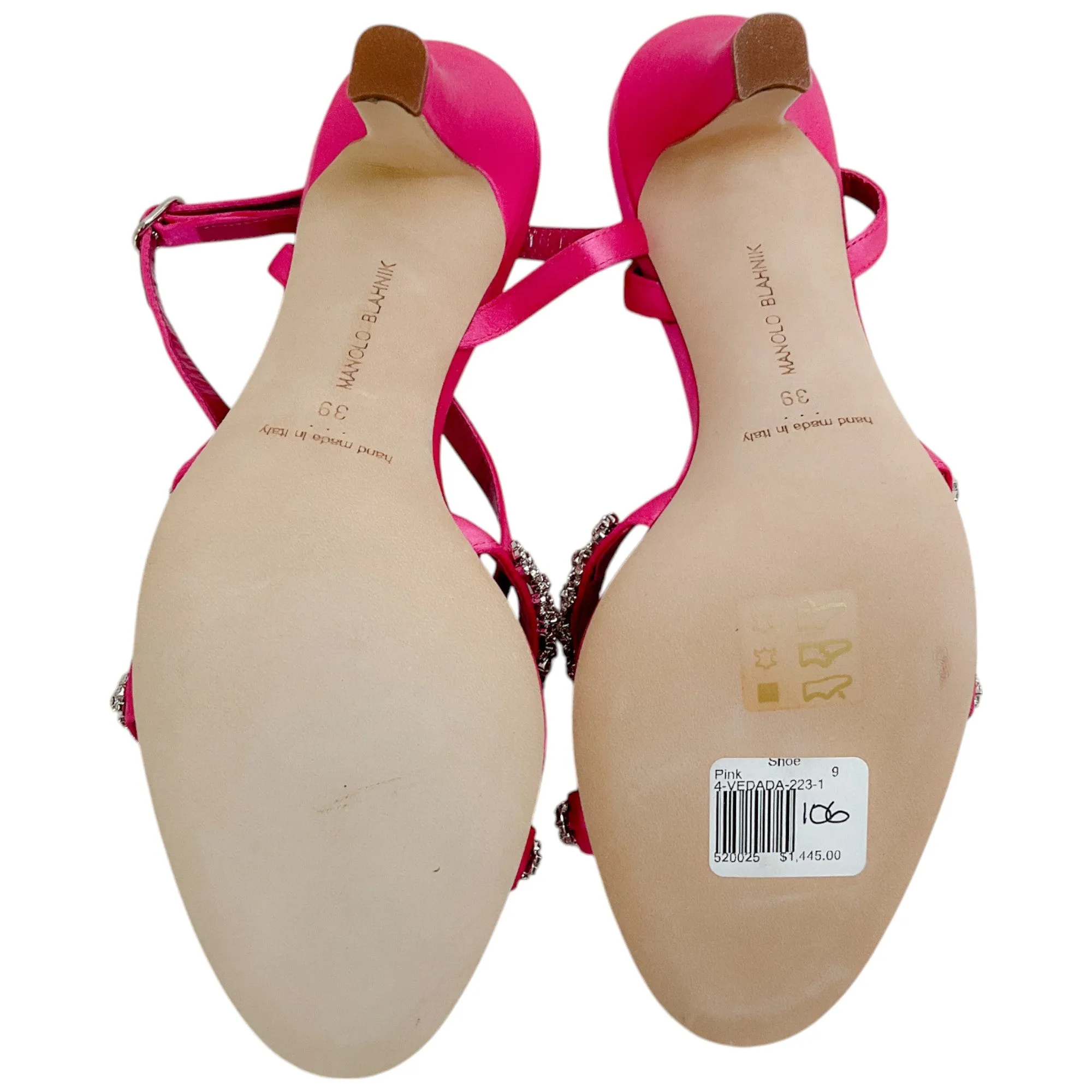 Manolo Blahnik Bright Pink Satin Crystal Embellished Vedada Sandals