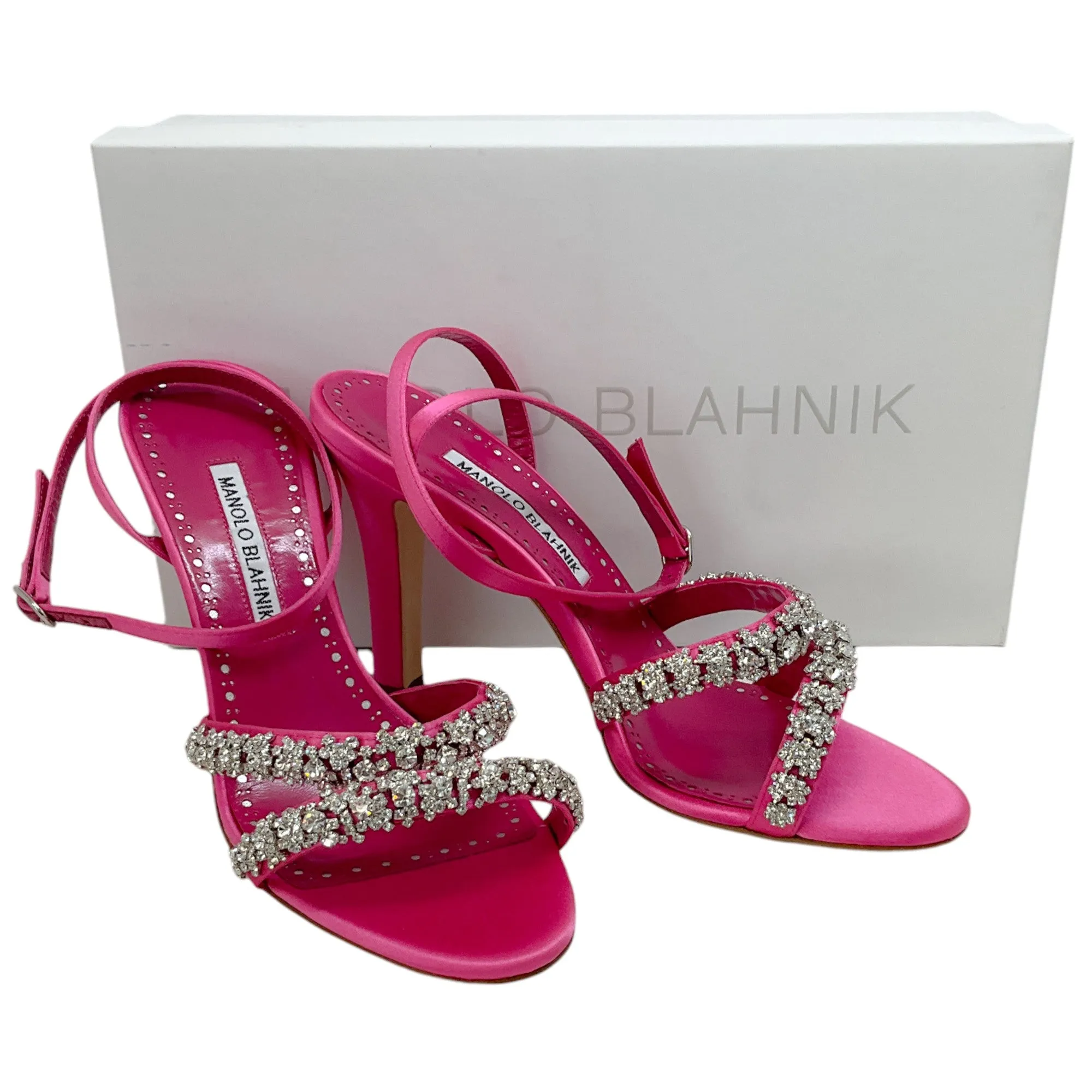 Manolo Blahnik Bright Pink Satin Crystal Embellished Vedada Sandals