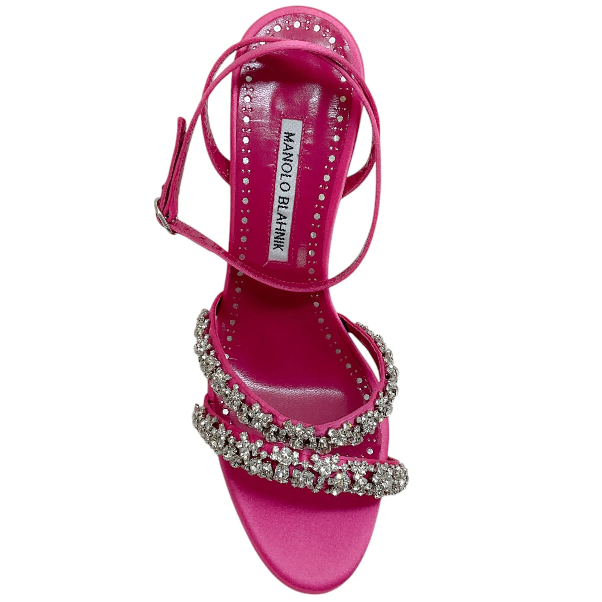 Manolo Blahnik Bright Pink Satin Crystal Embellished Vedada Sandals