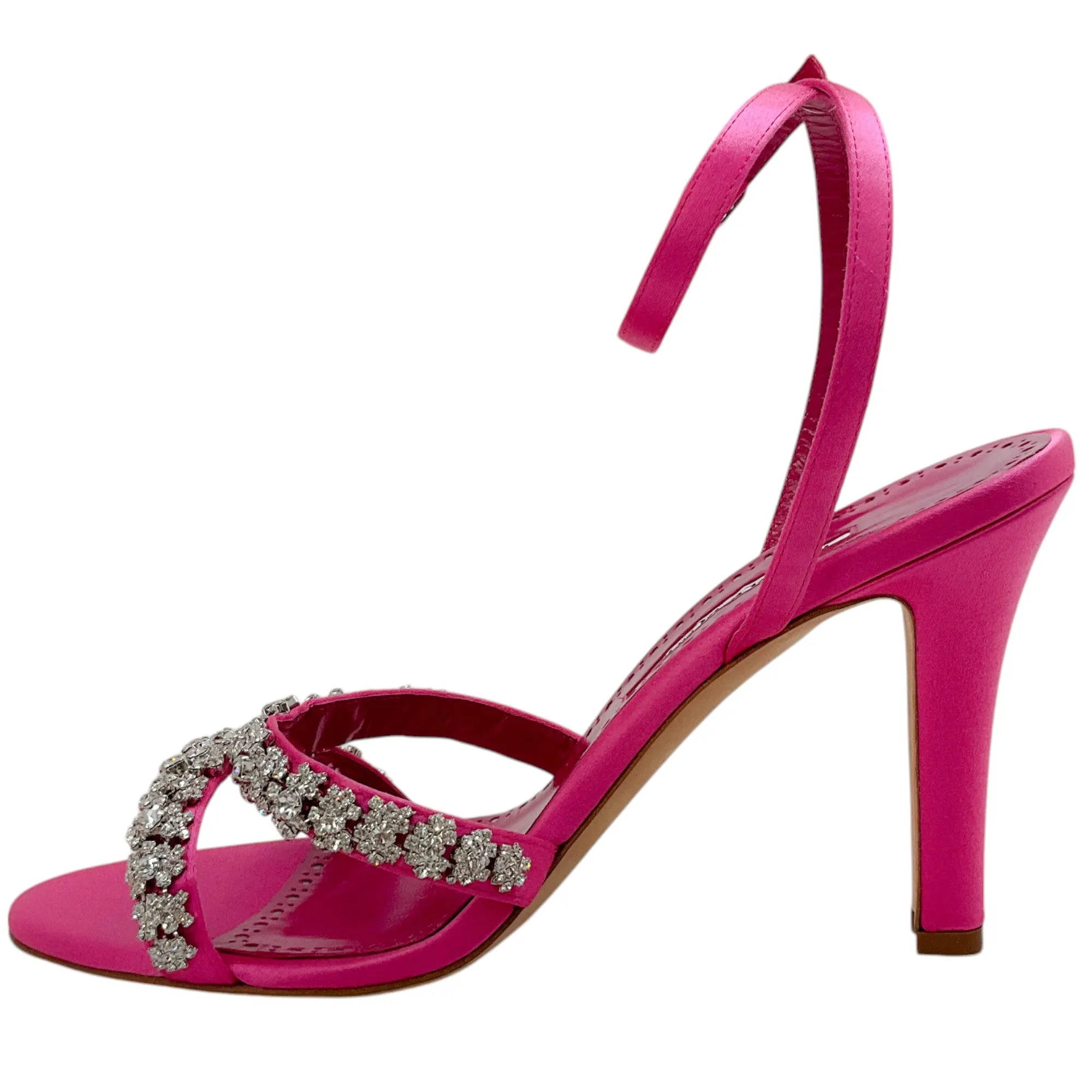 Manolo Blahnik Bright Pink Satin Crystal Embellished Vedada Sandals