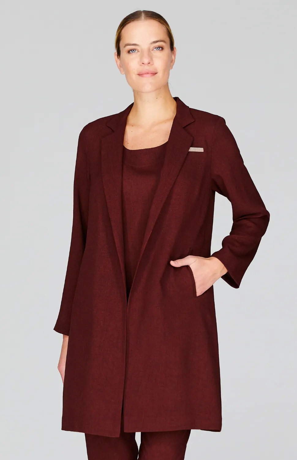 Microlinen Long Open Duster with Contrast Bias Trim