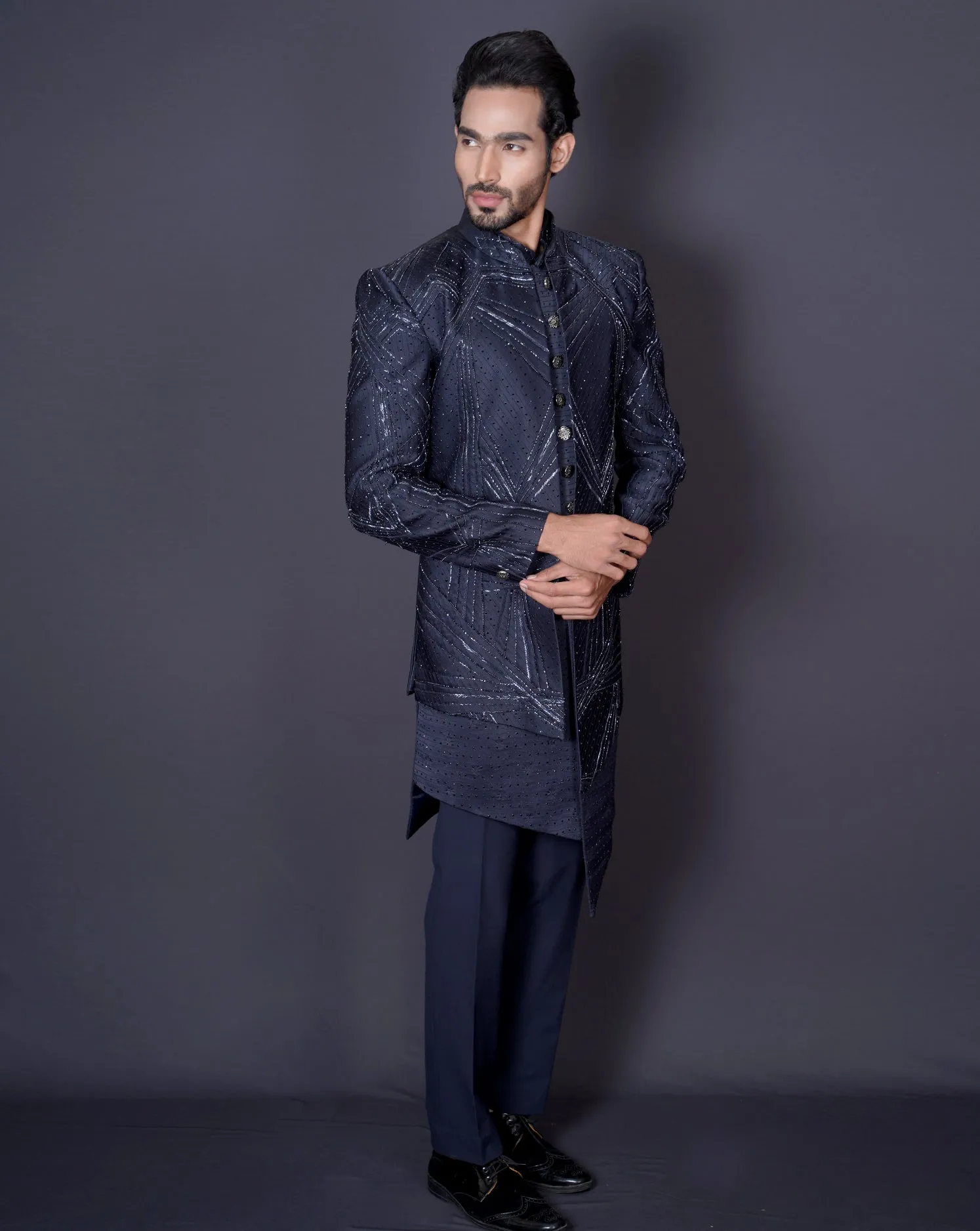 MOF Embroidered Blue Sherwani