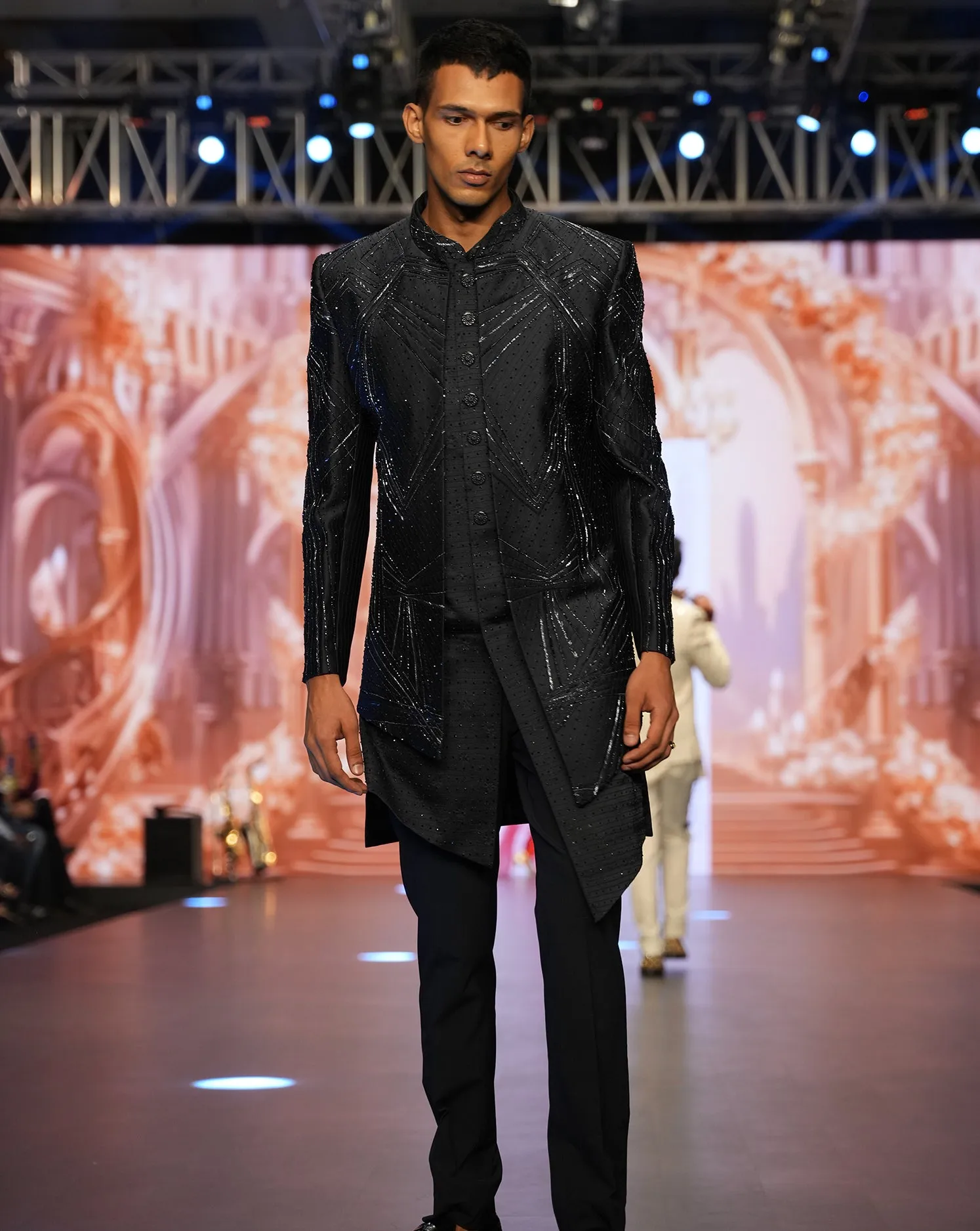 MOF Embroidered Blue Sherwani