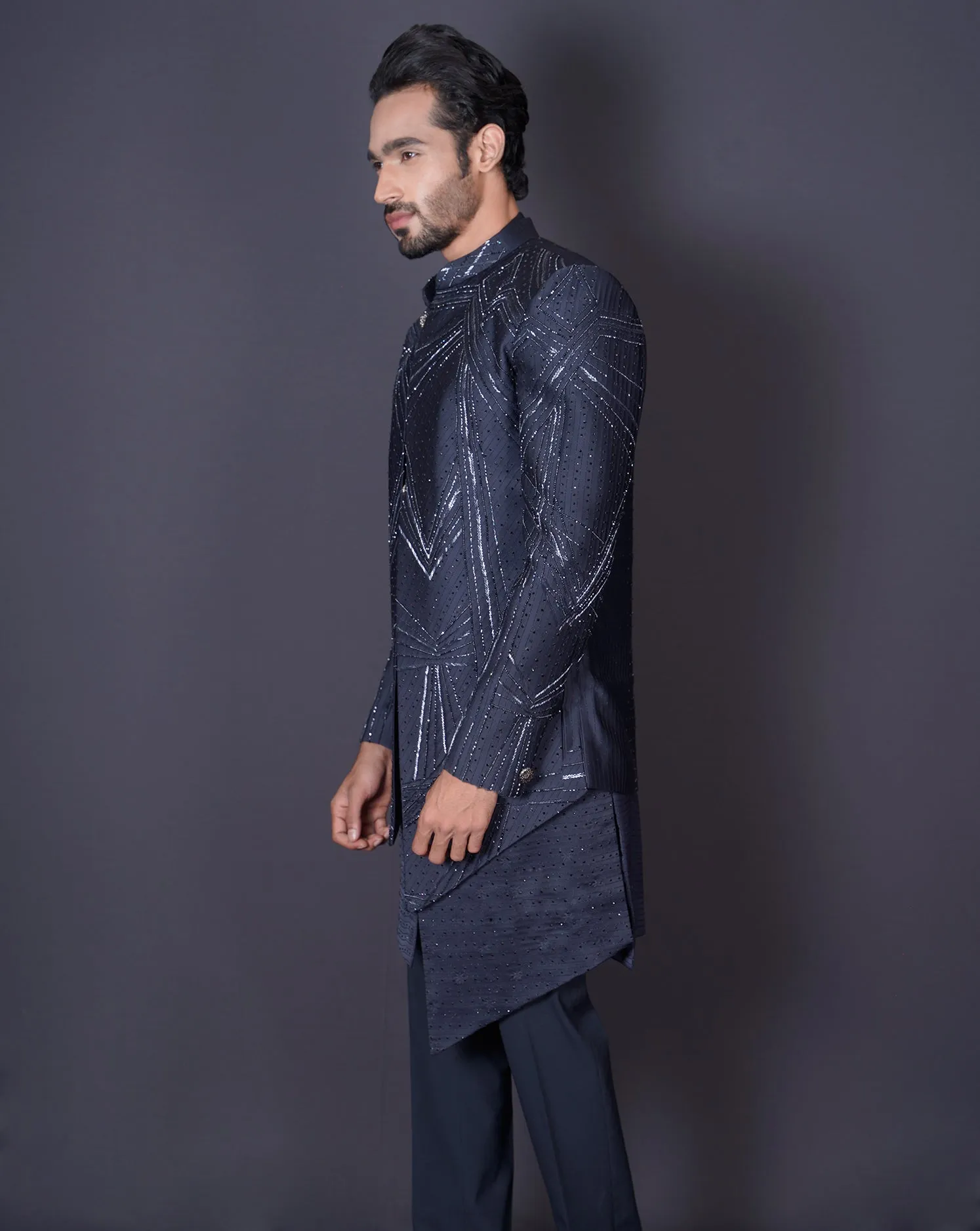 MOF Embroidered Blue Sherwani