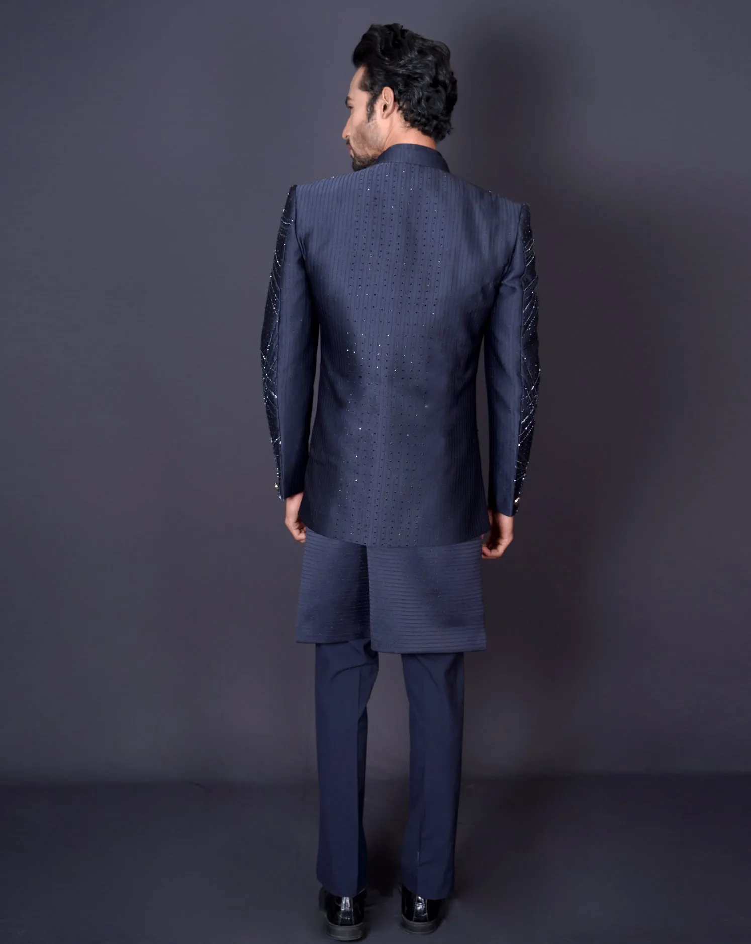 MOF Embroidered Blue Sherwani