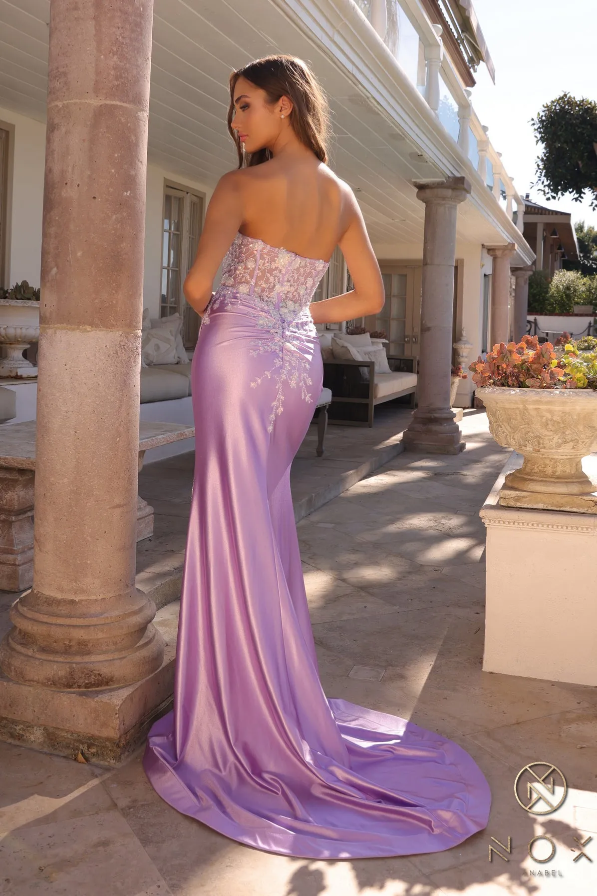 N C1346 - Strapless Fit & Flare Prom Gown with Sheer Sequin Lace Embellished Boned Bodice & Leg Slit
