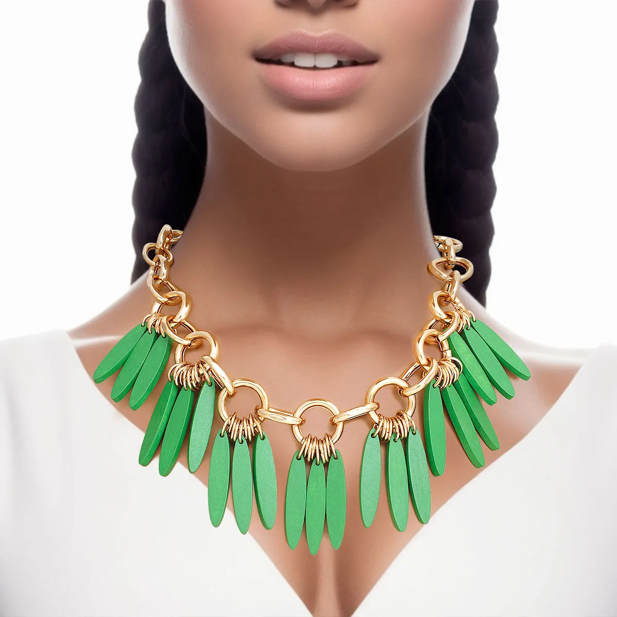 Necklace Tribal Green Wood Fringe