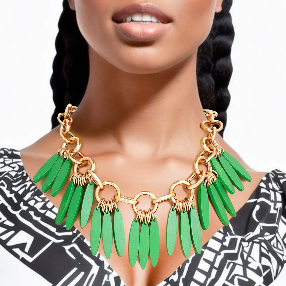 Necklace Tribal Green Wood Fringe