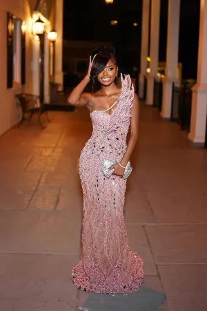 One shoulder Silver Beaded Pink Column Floor Length One shoulder Prom Dresses