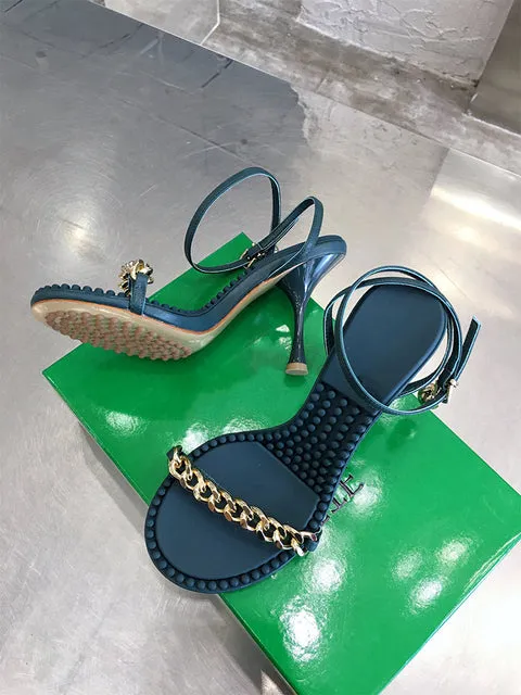 Open Toe Cowhide Stiletto Sandals Chain Ankle Strap