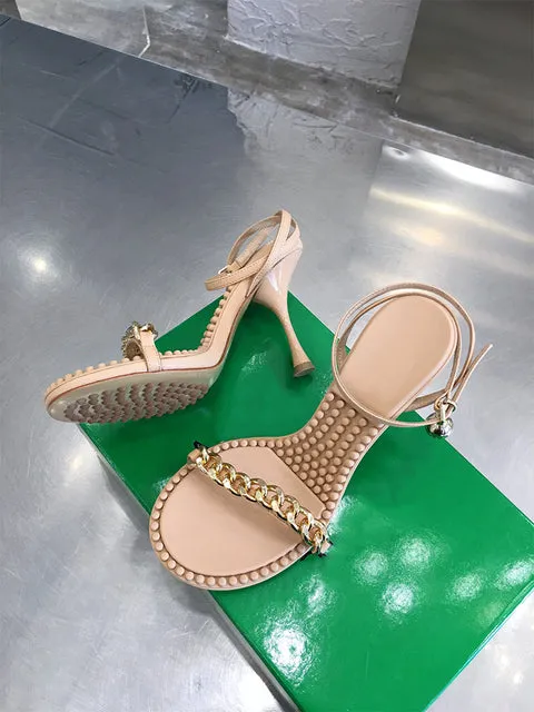 Open Toe Cowhide Stiletto Sandals Chain Ankle Strap