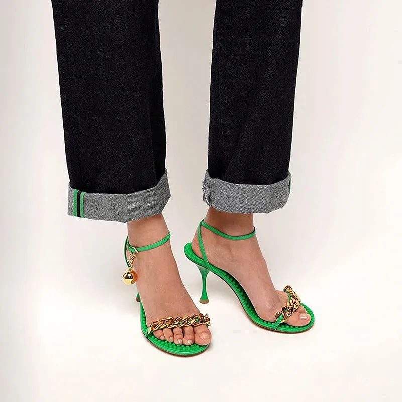 Open Toe Cowhide Stiletto Sandals Chain Ankle Strap