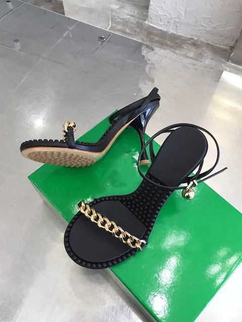 Open Toe Cowhide Stiletto Sandals Chain Ankle Strap