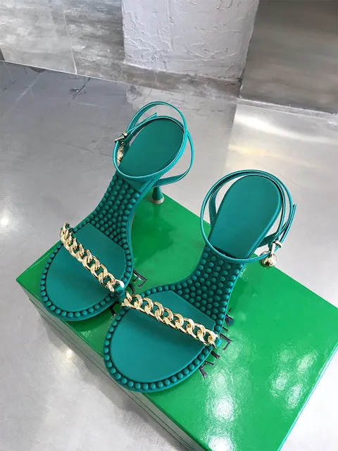 Open Toe Cowhide Stiletto Sandals Chain Ankle Strap