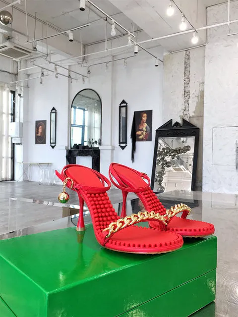 Open Toe Cowhide Stiletto Sandals Chain Ankle Strap