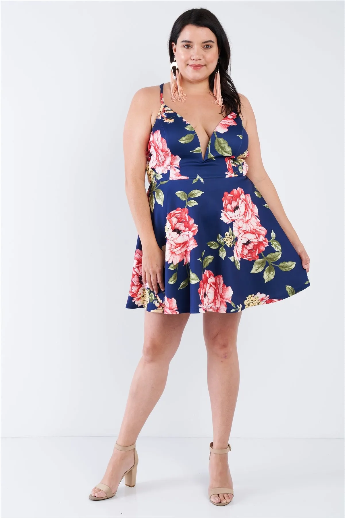 Plus Size Navy Floral Plunging V-neck Open Back Skater Mini Dress