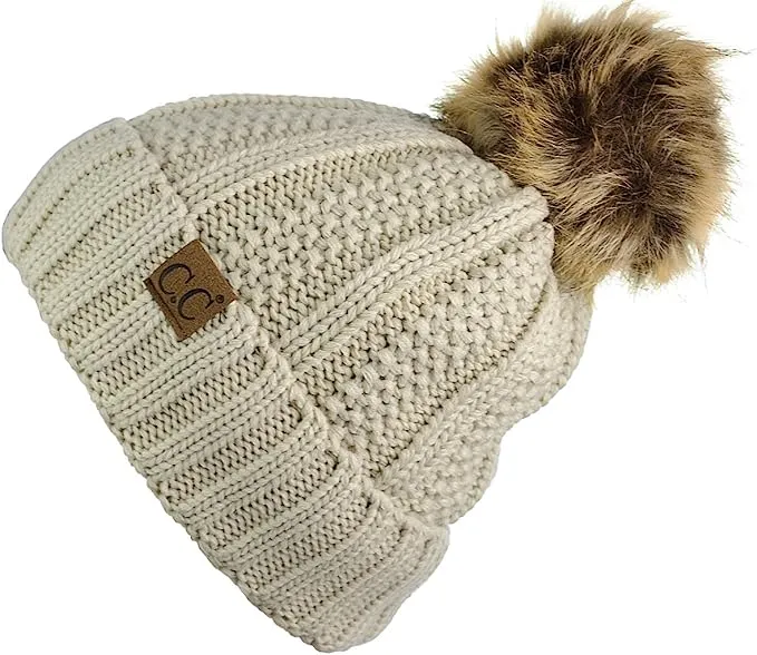 Pom Fleece Lined Skull Cap Cuff Beanie