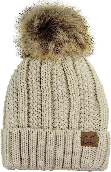 Pom Fleece Lined Skull Cap Cuff Beanie