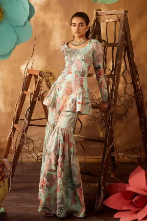 Powder Blue Pastiche Organza Printed And Embellished Sharara Set With Dupatta