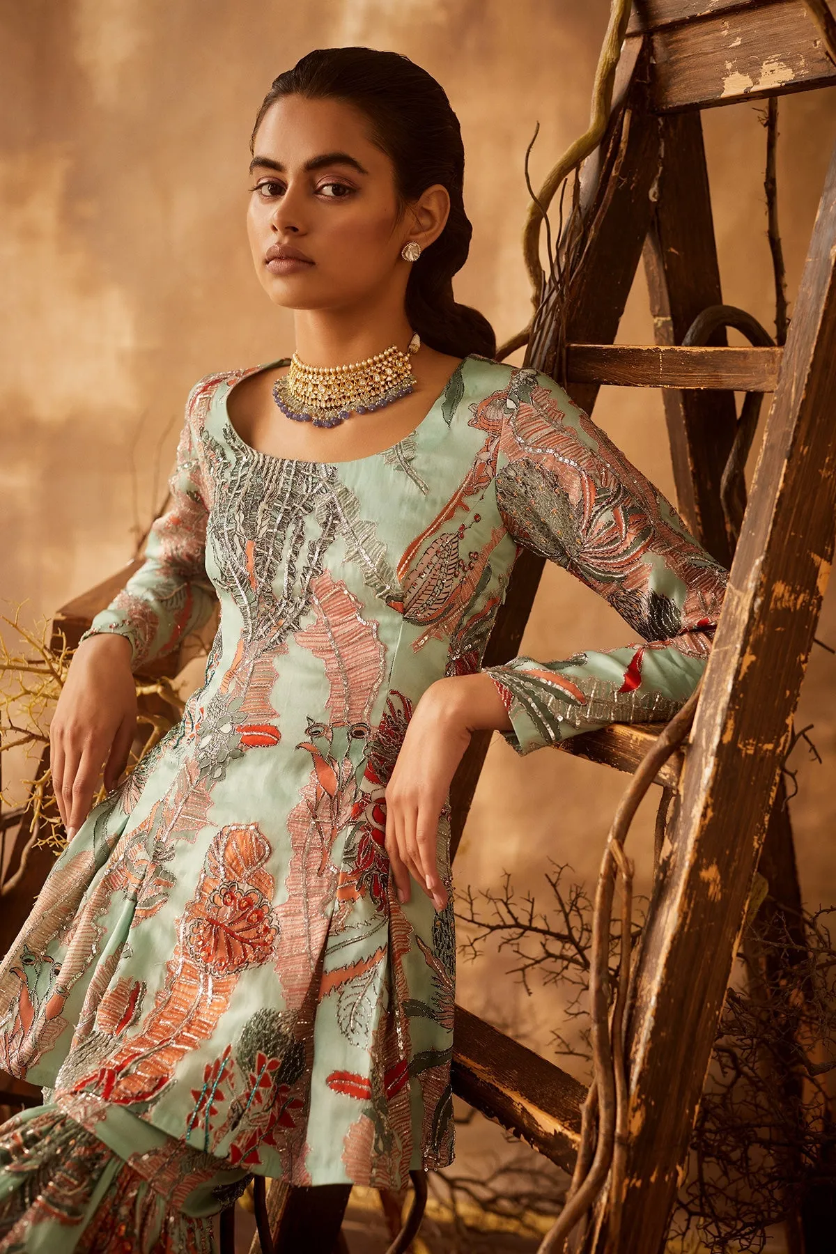 Powder Blue Pastiche Organza Printed And Embellished Sharara Set With Dupatta