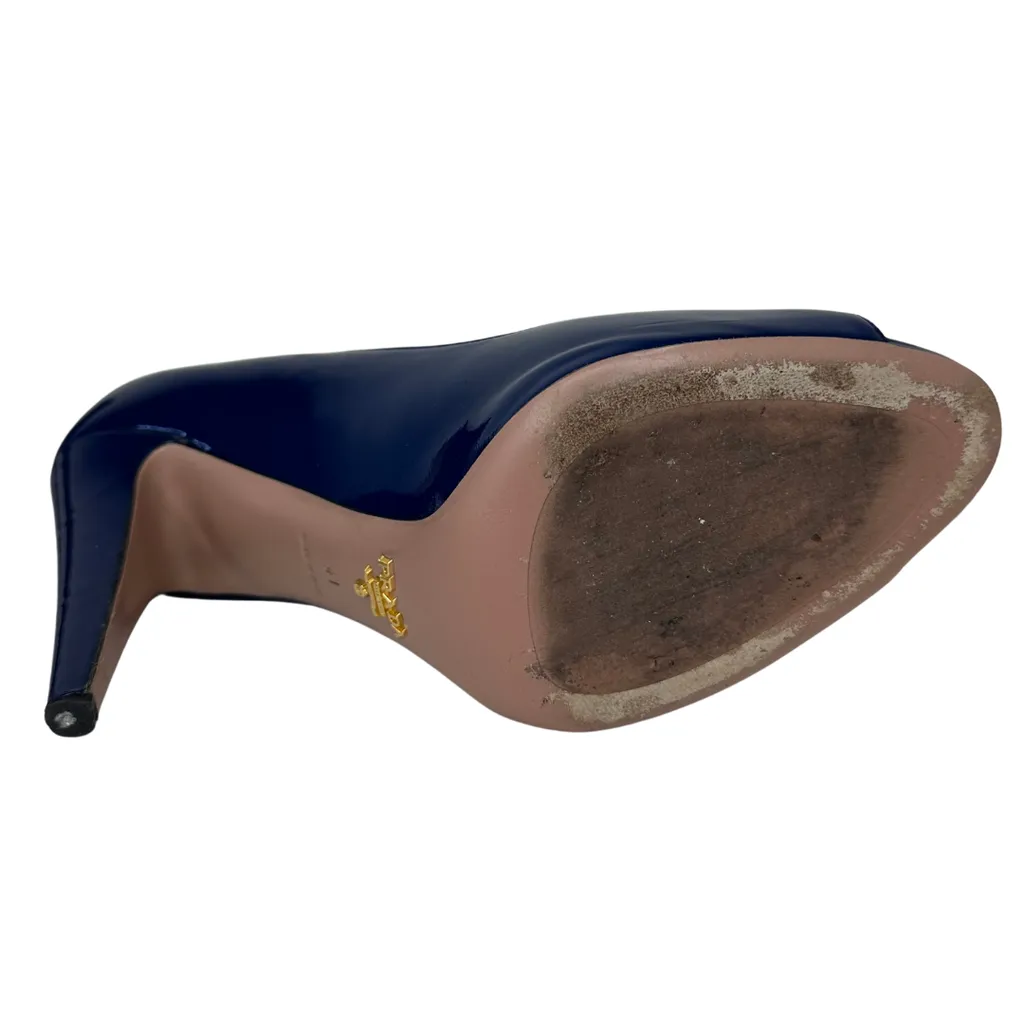 Prada Blue Patent Peep Toe Pump, 41