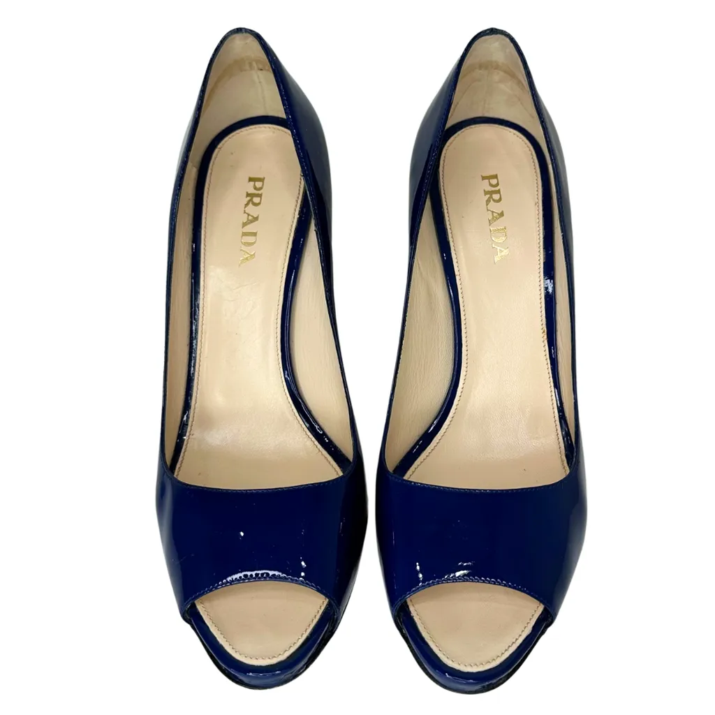 Prada Blue Patent Peep Toe Pump, 41