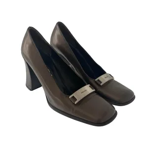 Prada Bronze Logo Plaque Chunky Heel