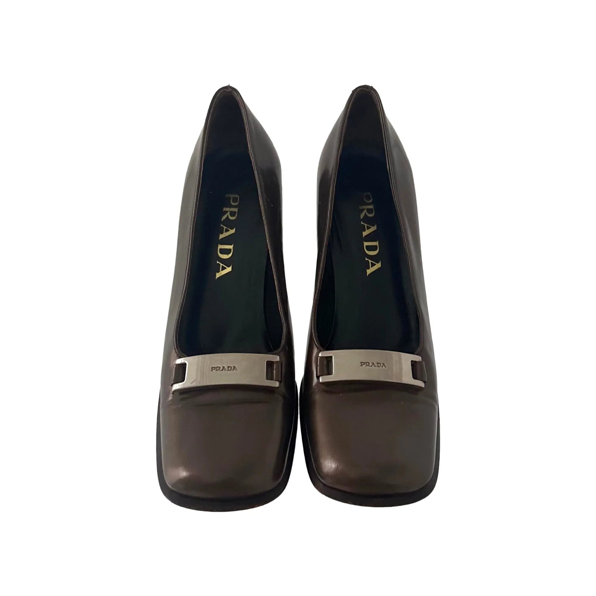 Prada Bronze Logo Plaque Chunky Heel