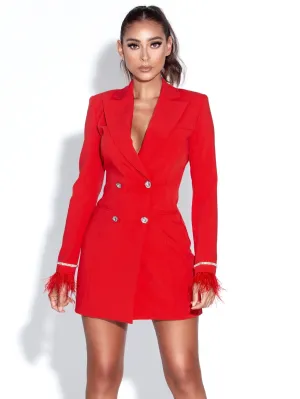 PRE-ORDER Isabella Feather Crystal Sleeve Backless Blazer Dress x Ruby Red