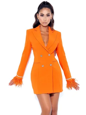 PRE-ORDER Isabella Feather Crystal Sleeve Backless Blazer Dress x Tangerine