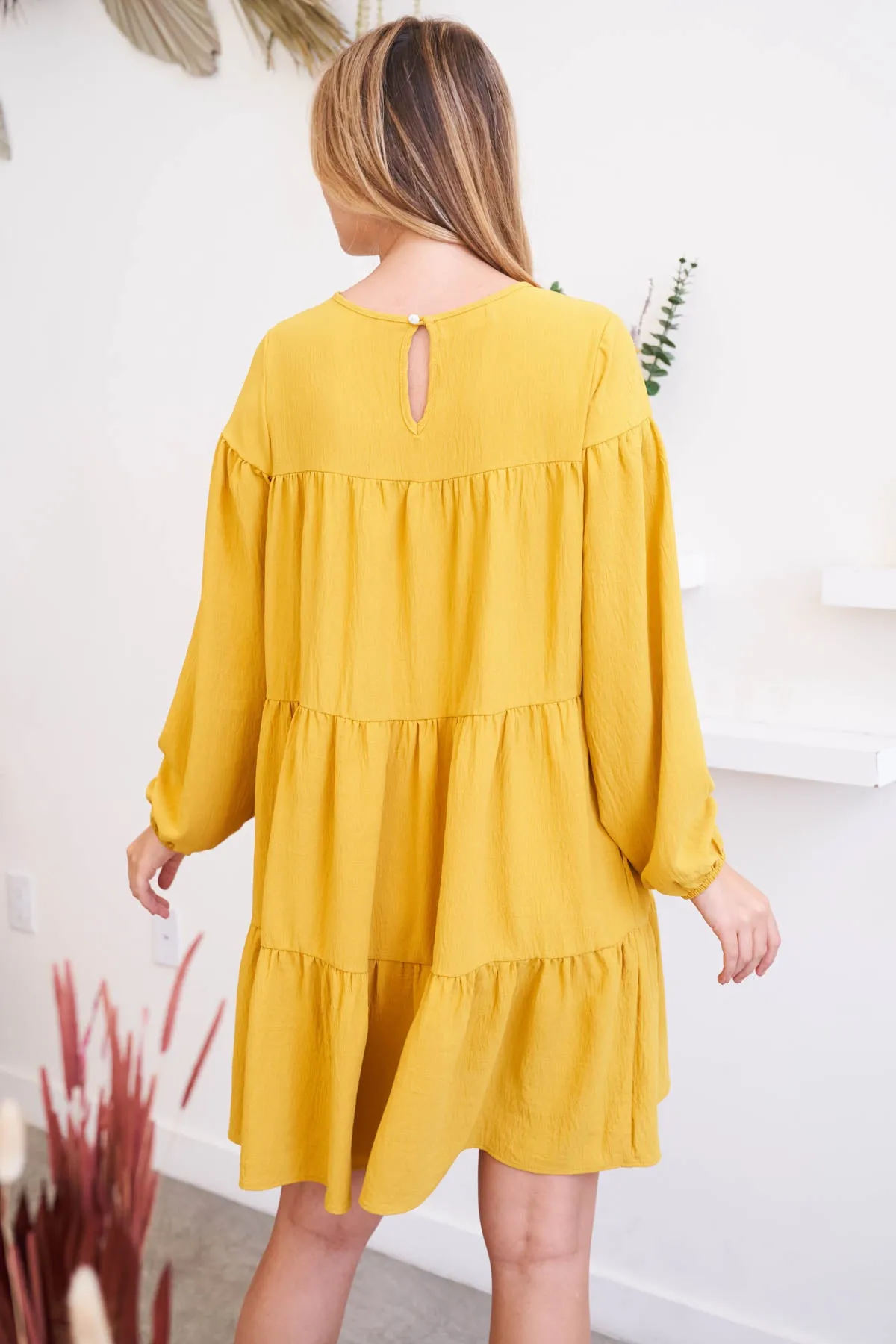 Puff Sleeve Round Neck Tiered Ruffle Mini Dress