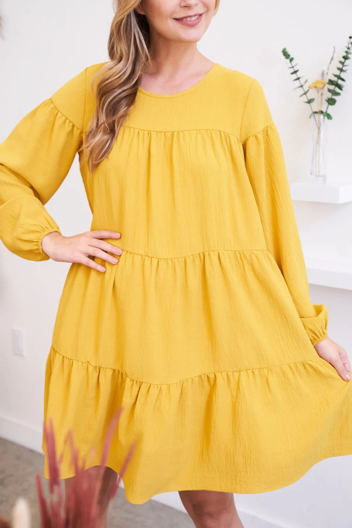 Puff Sleeve Round Neck Tiered Ruffle Mini Dress