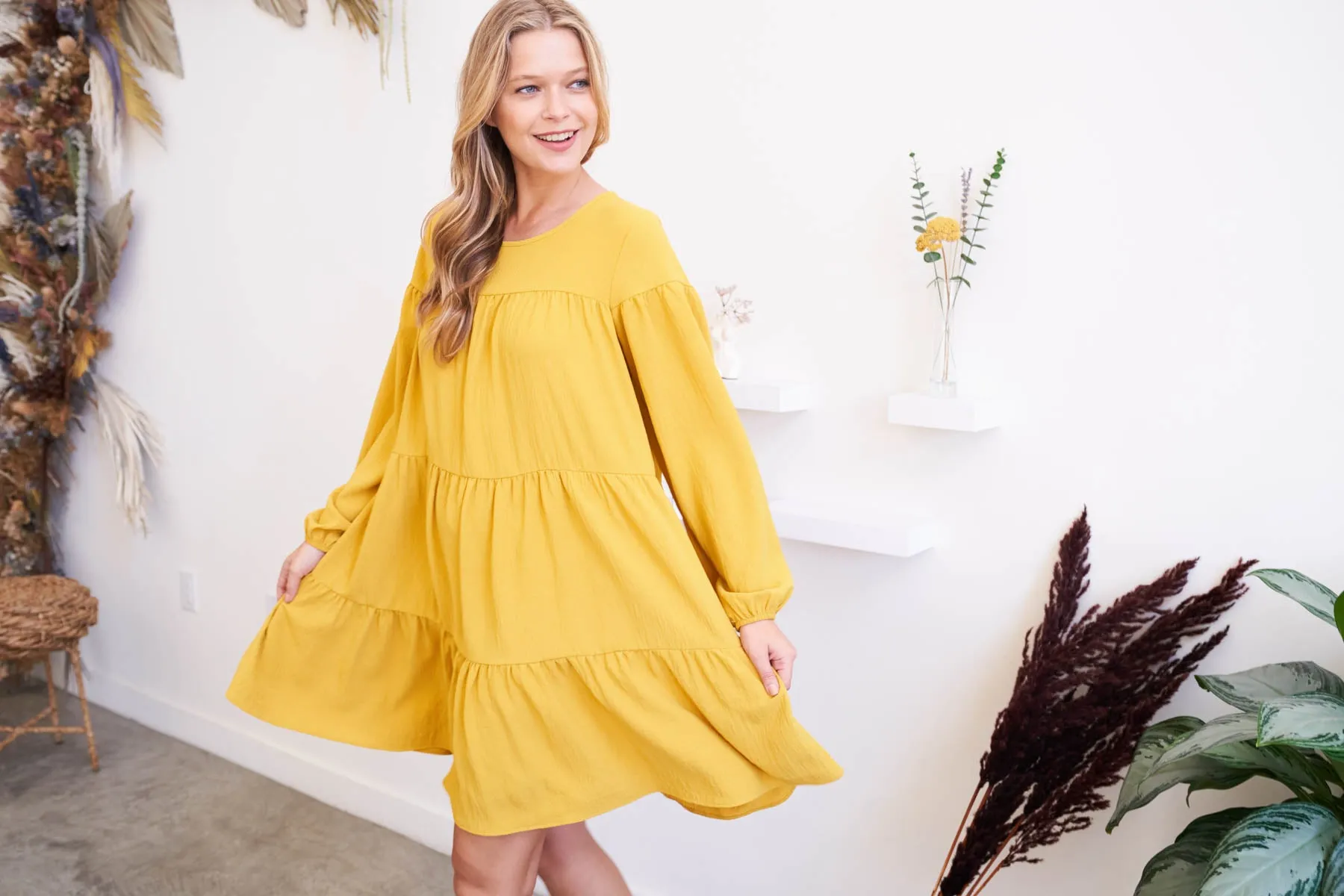 Puff Sleeve Round Neck Tiered Ruffle Mini Dress