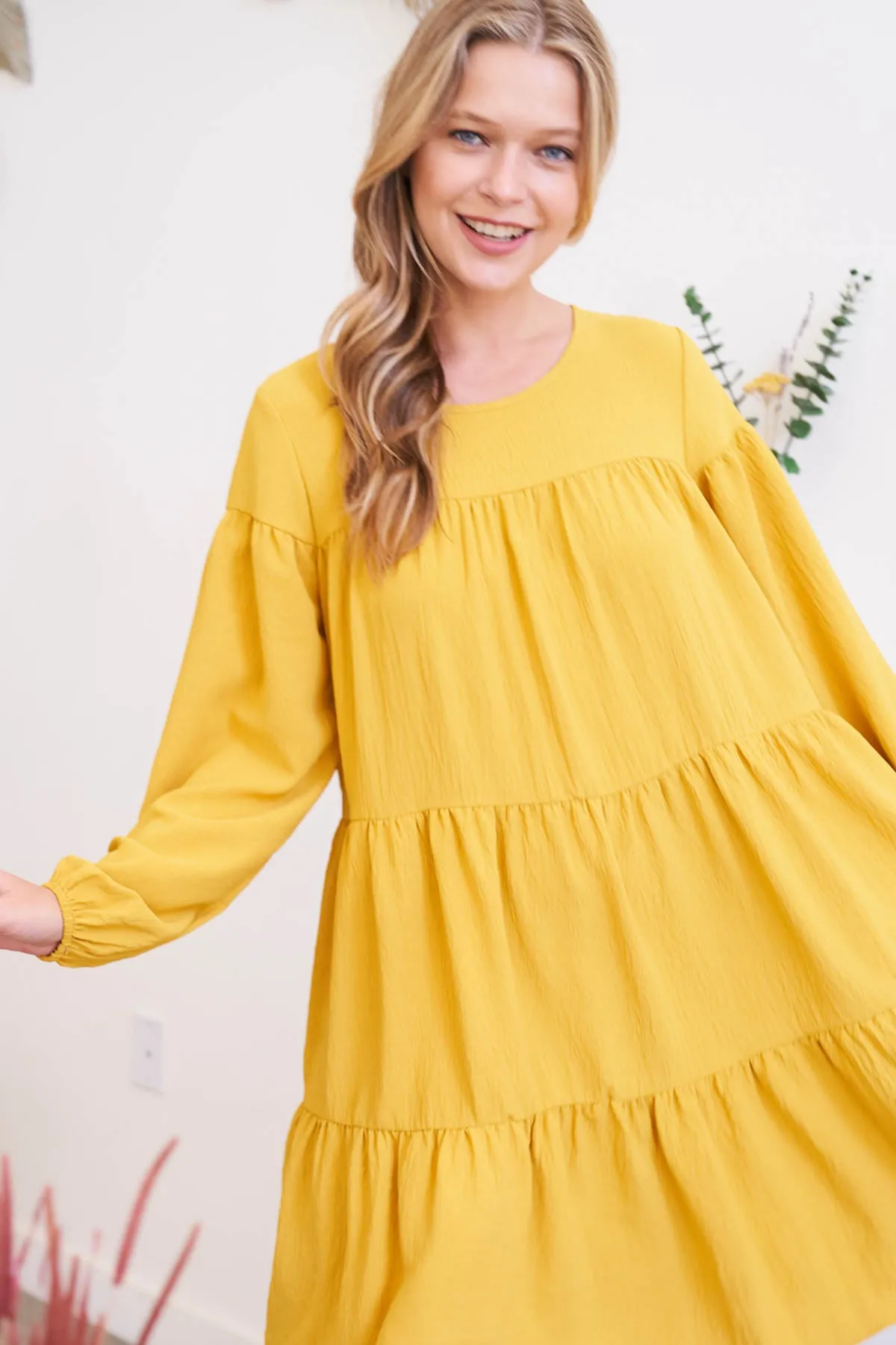 Puff Sleeve Round Neck Tiered Ruffle Mini Dress