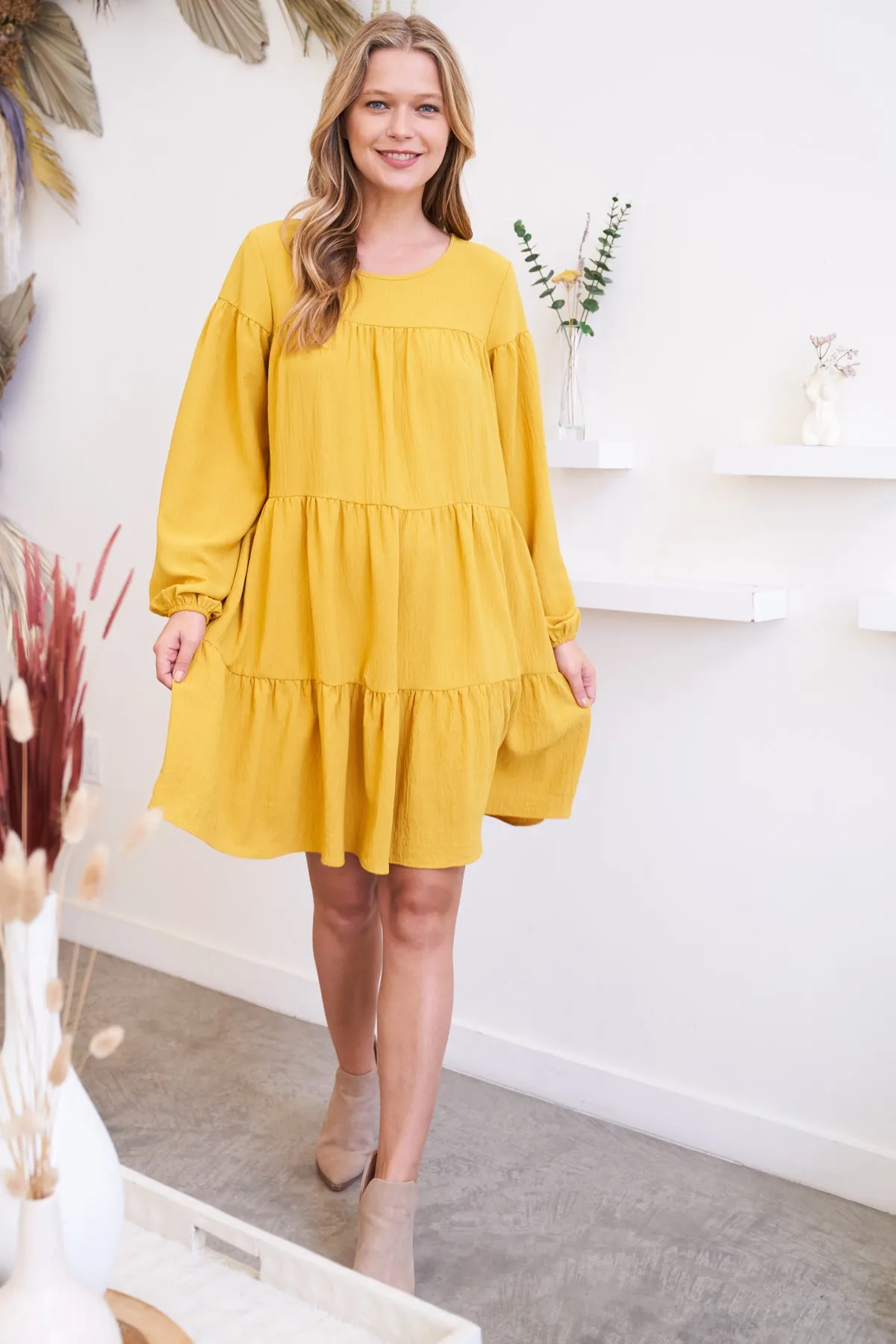 Puff Sleeve Round Neck Tiered Ruffle Mini Dress
