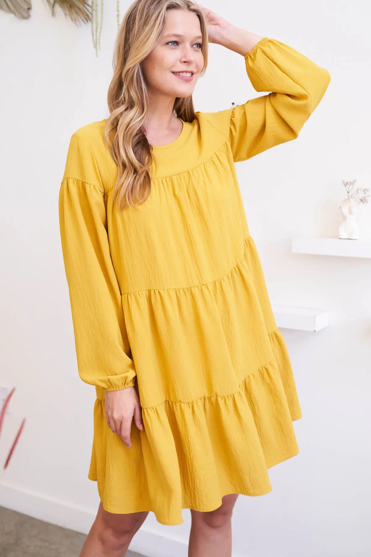 Puff Sleeve Round Neck Tiered Ruffle Mini Dress