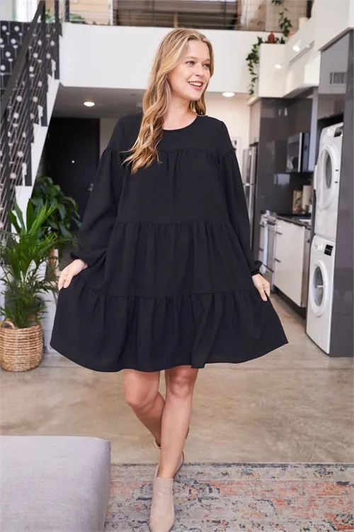 Puff Sleeve Round Neck Tiered Ruffle Mini Dress