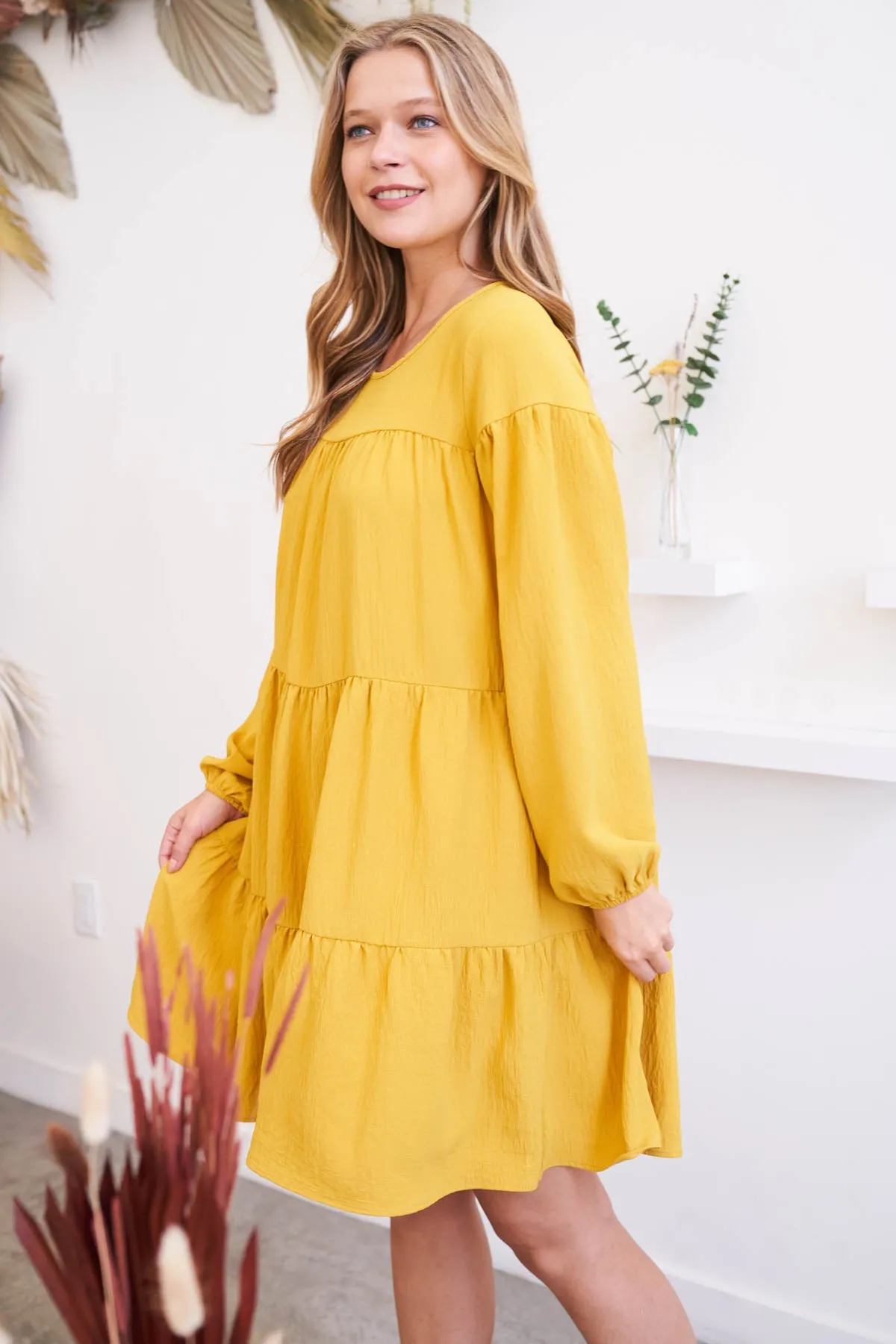 Puff Sleeve Round Neck Tiered Ruffle Mini Dress