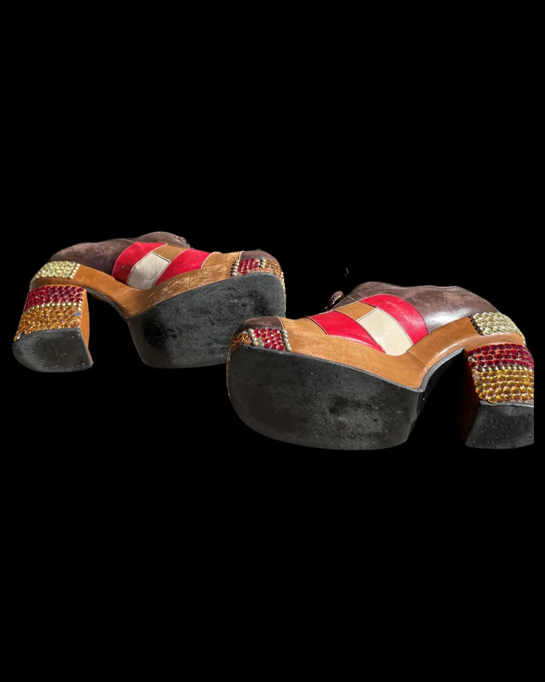 Rare Late 60s Early 70s Patchwork Leather Rhinestone Platforms